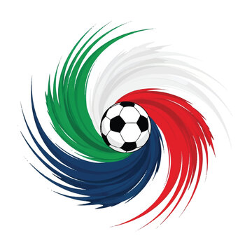 Abstract swoosh lines in the colors of the three host nations flags swirling around a central soccer ball, representing motion and energy, high speed mood, solid colors of emerald green, white,
