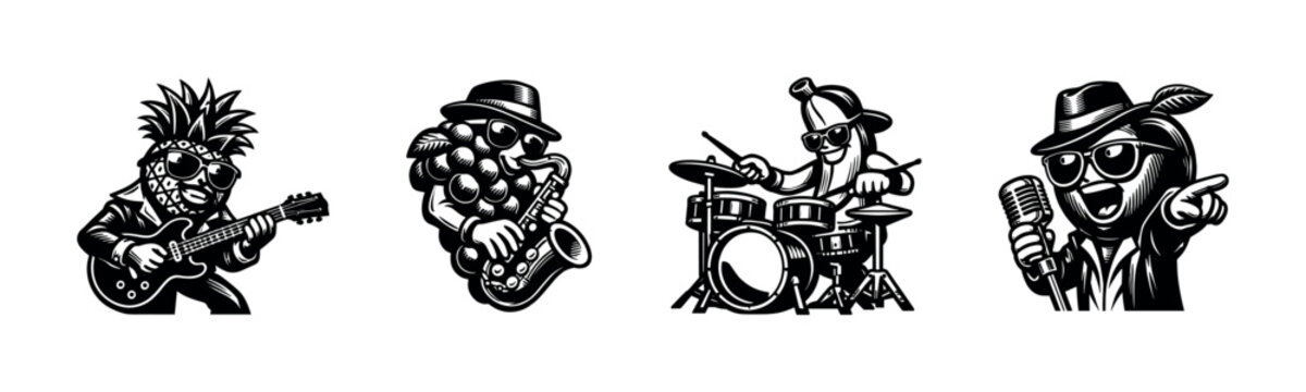 Animated fruit musicians vector illustration featuring pineapple grape and apple characters playing instruments