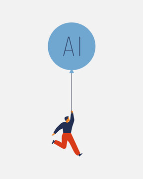 AI dependency. Man floating on big air balloon with text "AI" on it. modern Technology and mental health concept. vector illustration