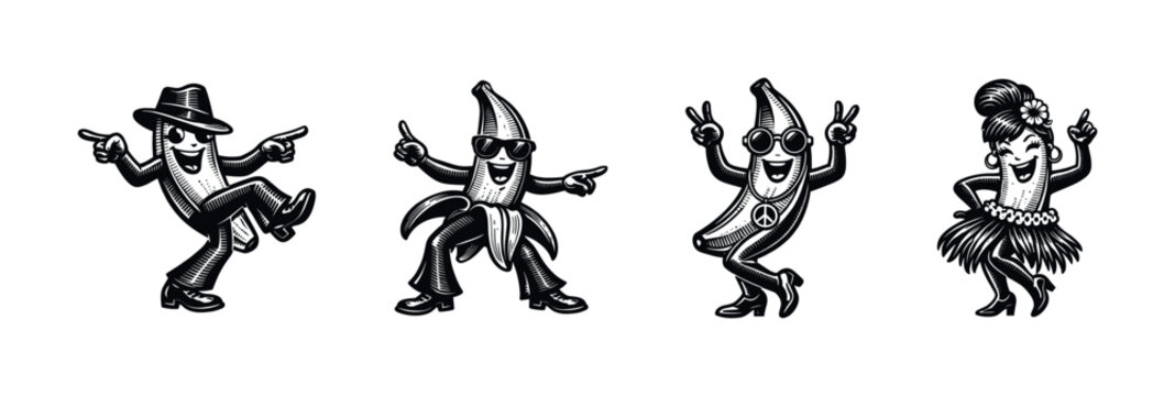 Retro dancing banana characters in black and white vector illustration
