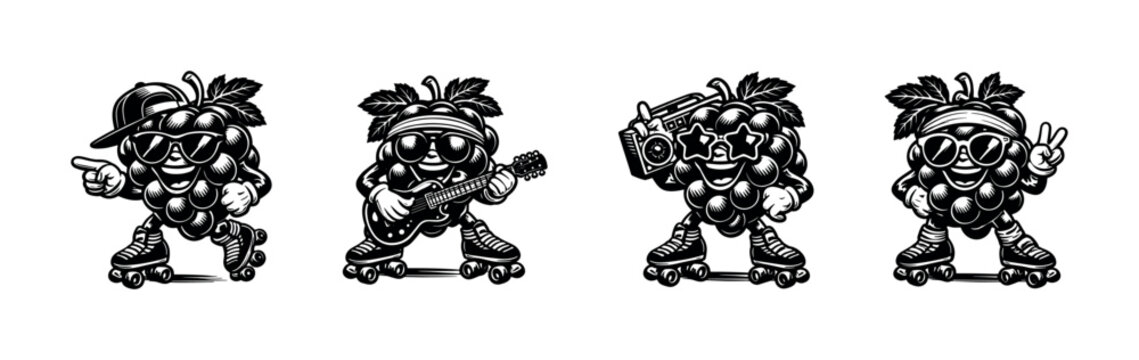 Cartoon grape characters in roller skates black and white vector illustration set
