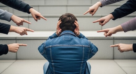 Naklejka premium A person sits, head down, hands over ears, surrounded by accusing fingers pointing
