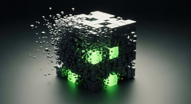 A decaying cube of metallic blocks, emitting bright green light from within