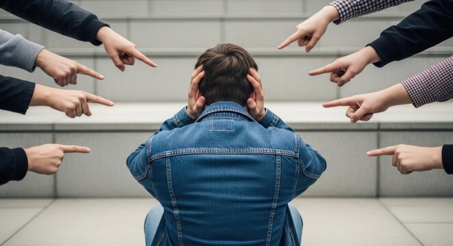 A person sits, head down, hands over ears, surrounded by accusing fingers pointing