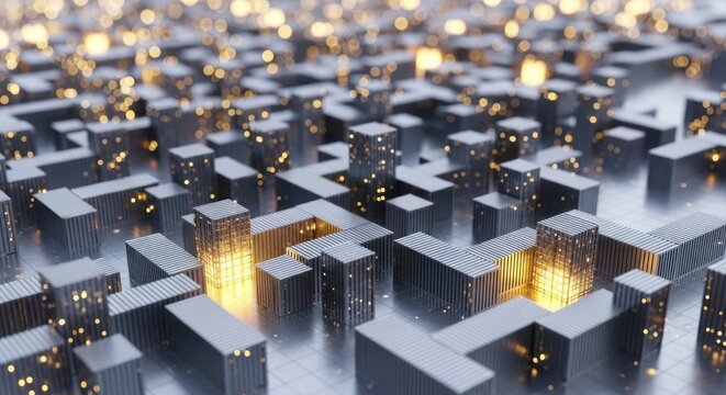 Abstract illuminated city grid with glowing structures, futuristic