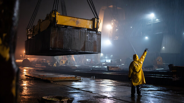 Industrial worker in yellow rain gear directs heavy lifting machinery at night, amidst mist and rain, highlighting challenging work conditions