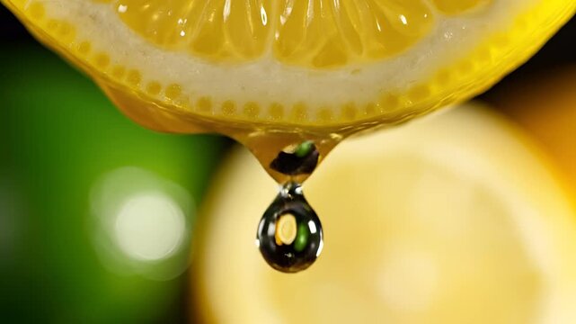 Close up of a juicy lemon slice with a drop of juice falling.