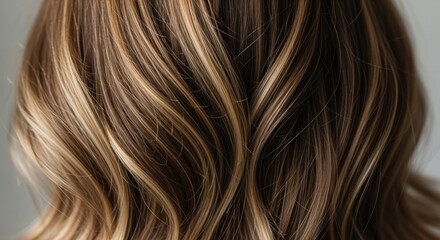 Naklejka premium Close-up of a person's wavy brown hair with blonde highlights