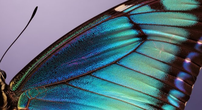 Close-up of a butterfly wing with iridescent blue-green scales and intricate black veining