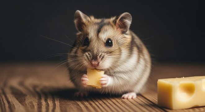 Close-up of a small, fluffy rodent eating a piece of cheese on a wooden surface