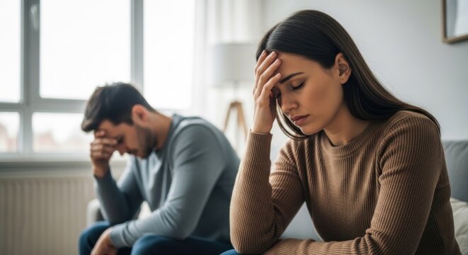 Couple distressed on sofa, holding heads in hands, facing relationship issues