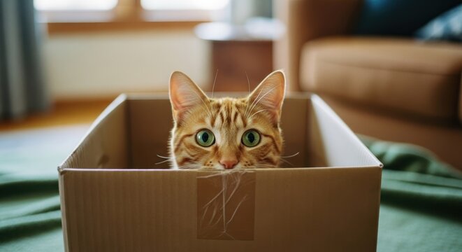 Curious orange tabby peeks over the edge of a cardboard box, eyes wide