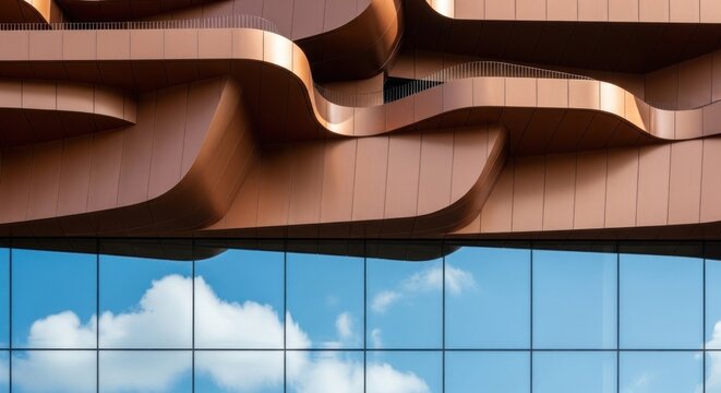 Curved copper facade above reflective blue glass building facade