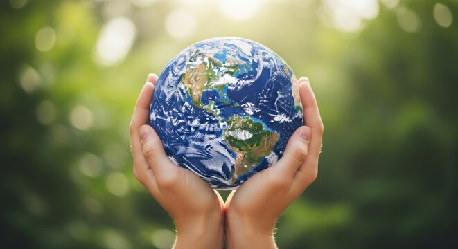 Delicate hands cradle the vibrant Earth, embraced by lush green foliage