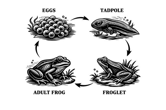 Black and white vector illustration of frog life cycle with eggs tadpole froglet and adult frog