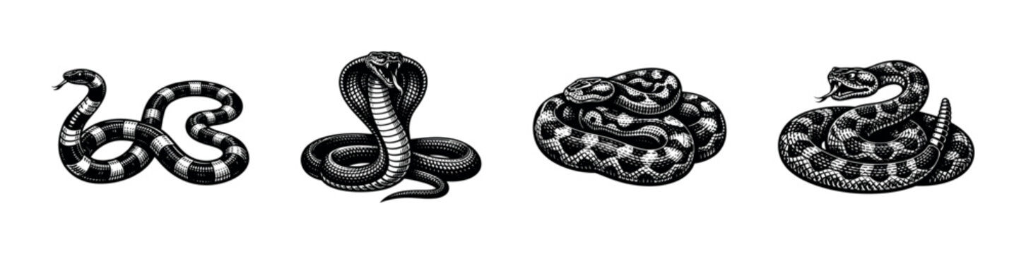 Illustration of four snake silhouettes featuring cobra and rattlesnake in black and white vector design