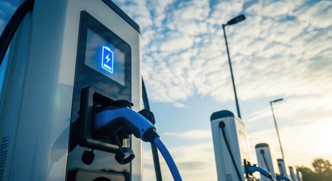 Electric vehicle charging stations ready for use, futuristic blue battery icon