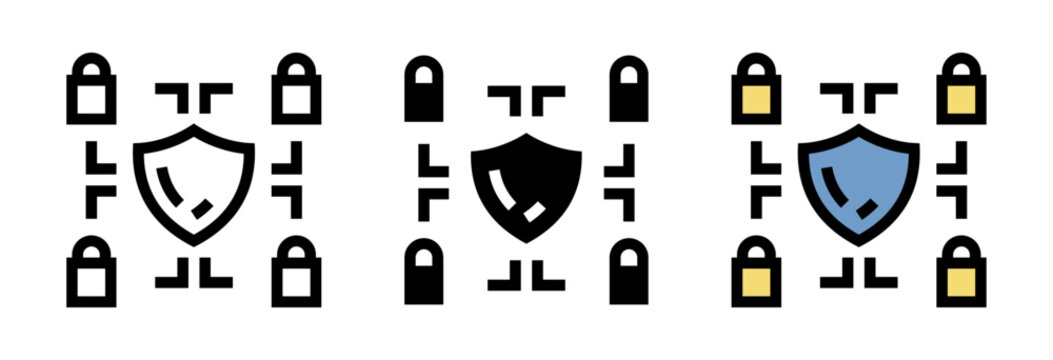 Conjunto de iconos de protecci&oacute;n de sistema. Seguridad inform&aacute;tica, red protegida, defensa digital, control de accesos, infraestructura segura. Ilustraci&oacute;n vectorial