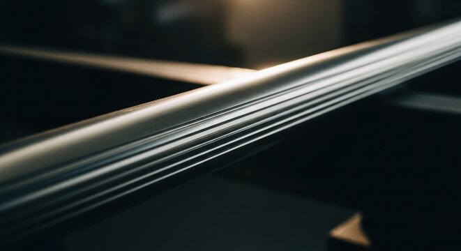 Gleaming metallic railing with textured grooves, blurred industrial background