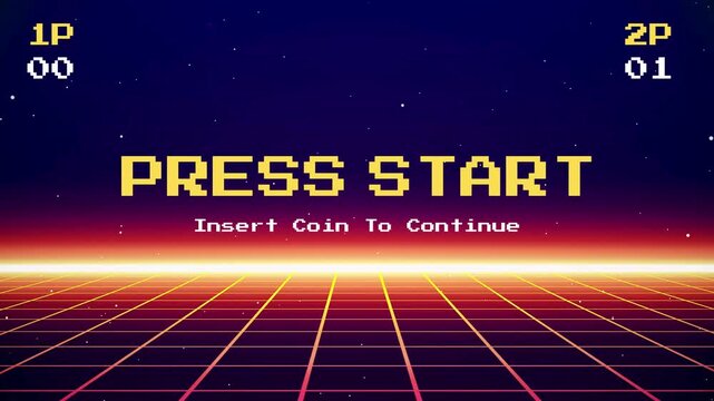 Retro arcade game screen with 'Press Start' and grid background