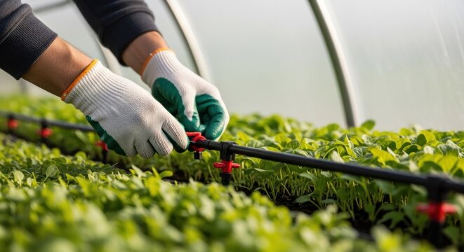 Hands in gloves adjust irrigation system for lush green seedlings in greenhouse
