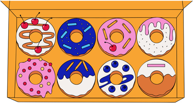 Assorted Donuts in Open Box Cartoon Bakery Vector Illustration