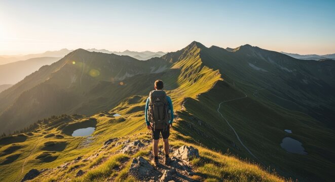 Hiker standing on mountain peak at sunrise, overlooking vast scenic landscape