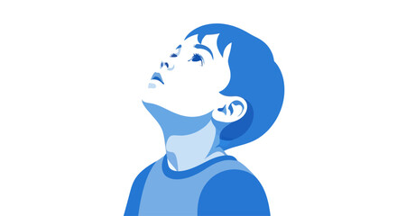 Child looking up in wonder, dreaming, blue tones, isolated on white background