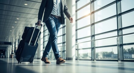 Obraz premium Man with wheeled luggage walks through modern airport terminal