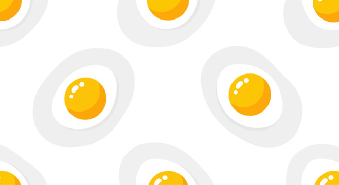 Seamless pattern of fried eggs, simple cartoon style, white background.