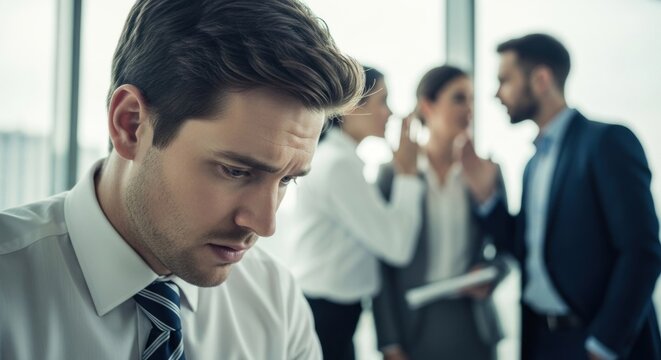 Man in office looks down, distressed, as colleagues whisper behind him