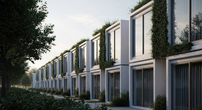 Modern, eco-friendly townhouses with green roofs line a tree-filled street