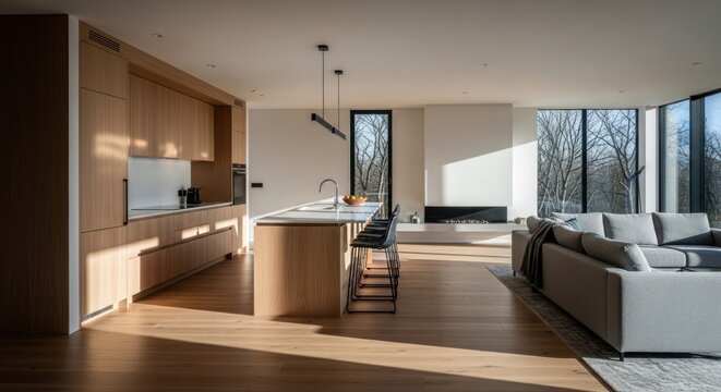 Modern open-plan living space with warm wood accents, island, fireplace