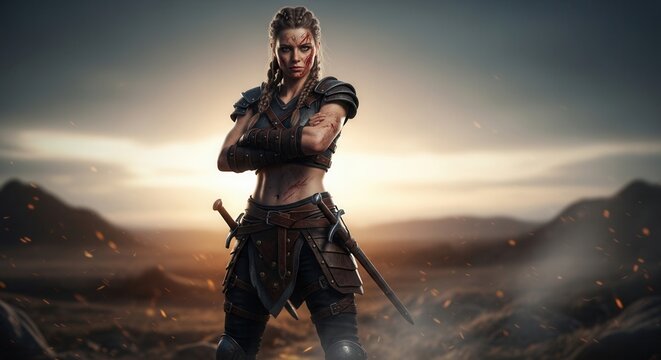 Battle ready warrior woman with sword and scars