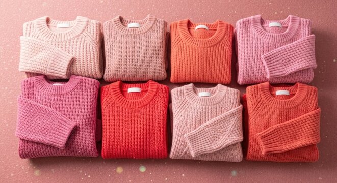 Neatly folded, ribbed knit sweaters in shades of pink and coral