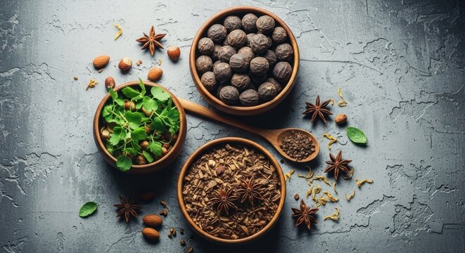 Overhead view of three wooden bowls filled with spices and nuts on textured gray surface