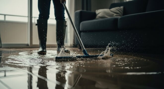 Person wearing boots cleans up a flooded apartment floor with a mop