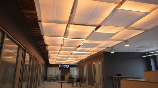 Modern Beige Acoustic Ceiling Panels with Integrated Diffused Lighting in Contemporary Interior Space