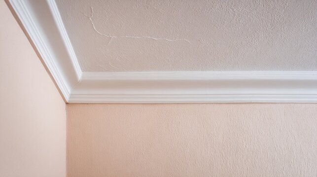 Detailed view of a cracked beige textured ceiling with white architectural molding in an interior setting.