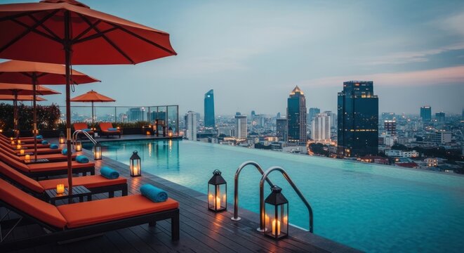 Rooftop infinity pool overlooking a city skyline at dusk, illuminated by lanterns