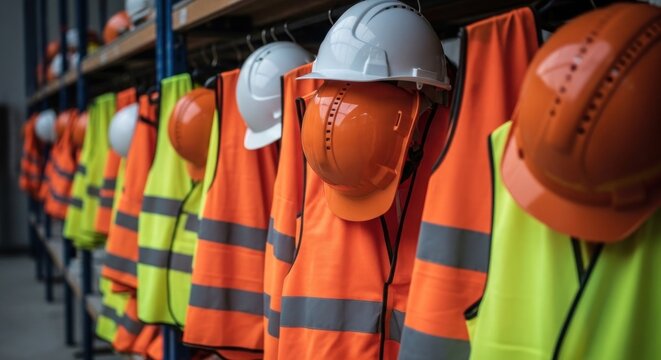 Safety gear, high-visibility vests, and hard hats hang neatly in a workshop