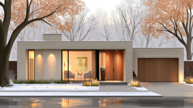 Modern Home Exterior in Winter with Bare Trees and Snow.
