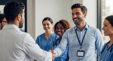 Obraz premium Smiling medical professionals in scrubs and lab coat shake hands