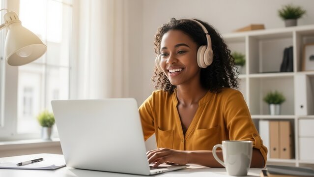 Woman Wearing Headphones Works On Laptop