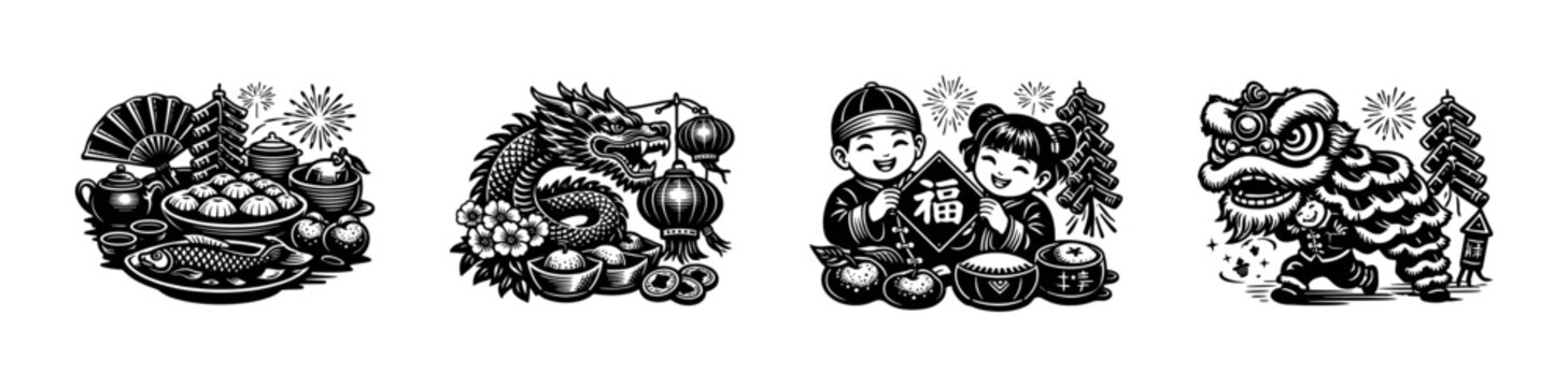 Traditional asian festival illustrations featuring dragon lion dance and cultural elements black and white vector
