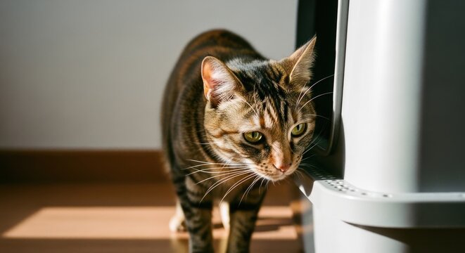 Striped cat with green eyes emerges from a modern, self-cleaning litter box