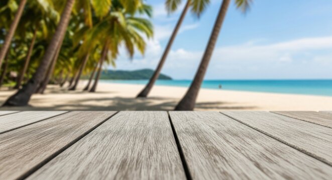 Sun-drenched tropical beach with palm trees, soft sand, and calm ocean