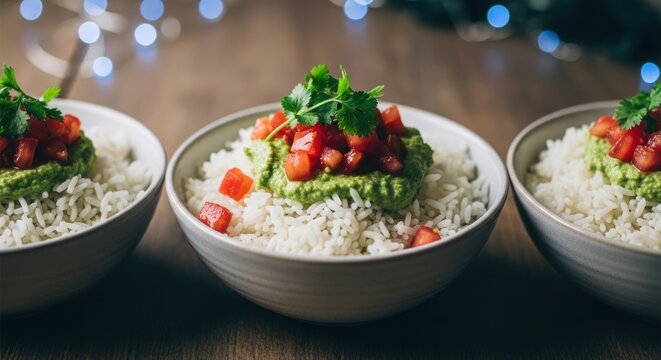 Three bowls of white rice topped with vibrant green avocado and red tomato salsa