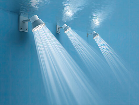 Multiple shower heads spraying water in a blue tiled bathroom.
