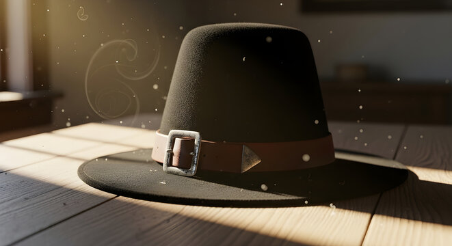 Black hat on wooden table with soft lighting